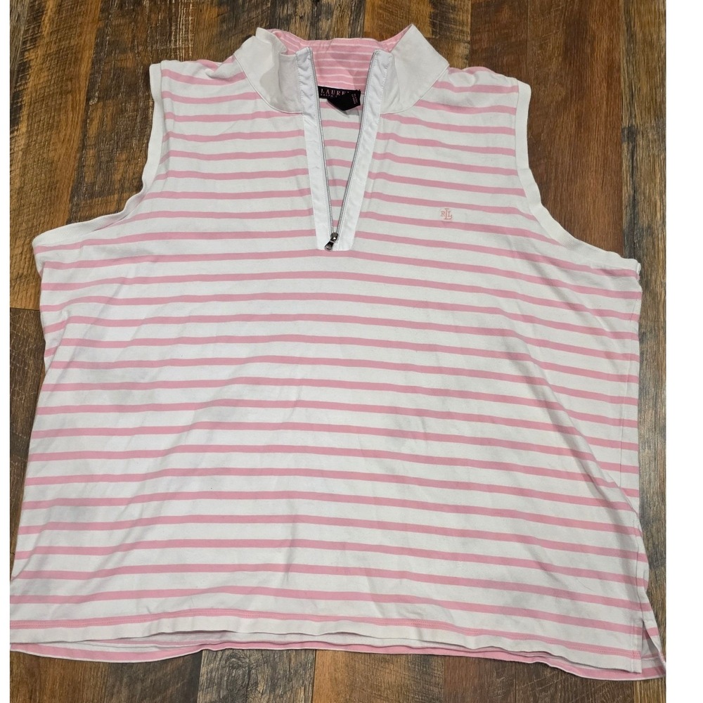 Lauren Ralph Lauren Pink White Striped Sleeveless Quarter Zip Top 3X